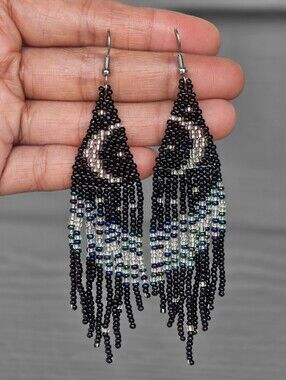 Moon Boho Earrings Beaded Fringe Handmade Jewelry Boheme Silver